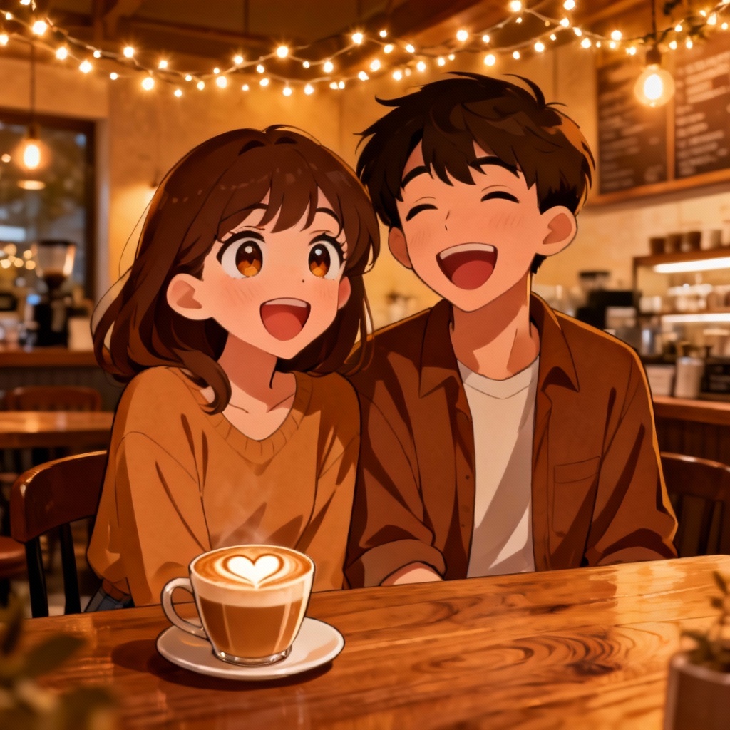 Cartoon couple in a cozy cafe with coffee