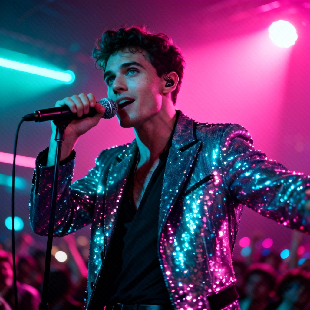 AI female singer performing on a neon-lit stage