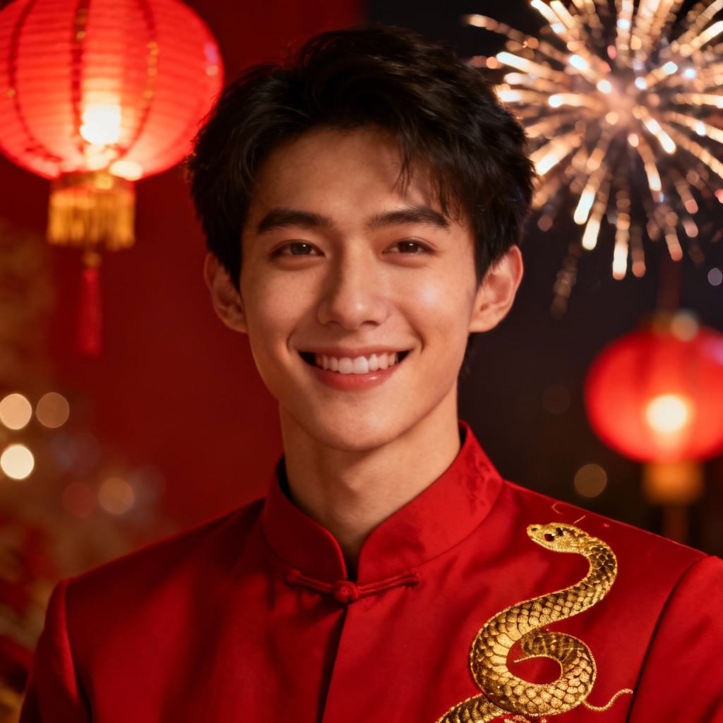 AI New Year portrait with red lanterns and golden snake motif