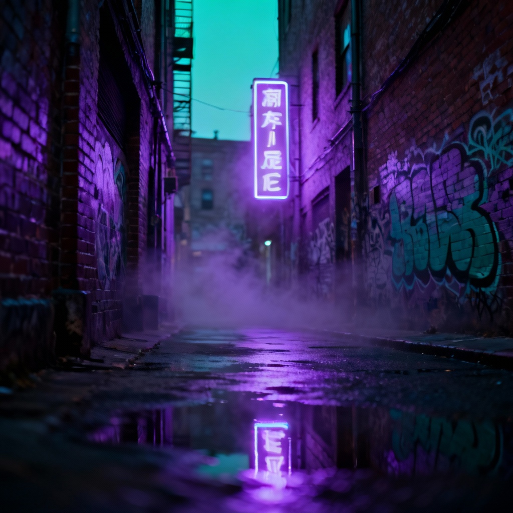 AI dusk neon alley with reflective wet street