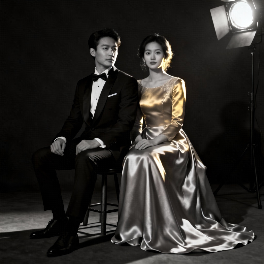 AI classic studio black and white married couple portrait