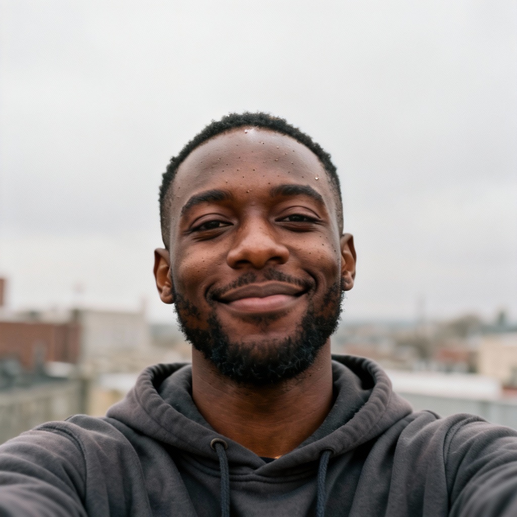 AI raw street selfie on an overcast day