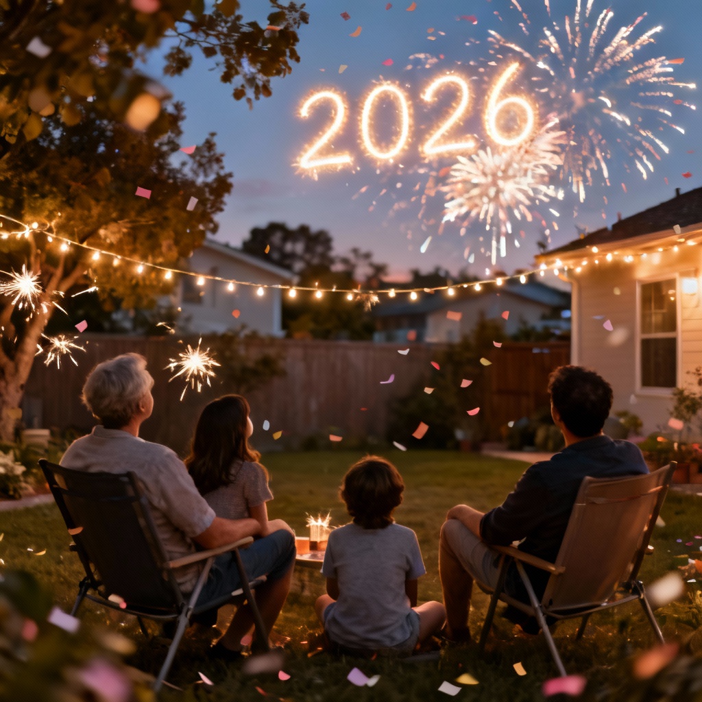 AI family backyard NYE scene with sparklers and fireworks