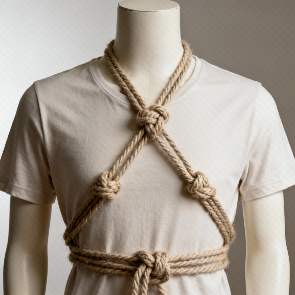 AI studio macro of rope knot patterns on mannequin, SFW