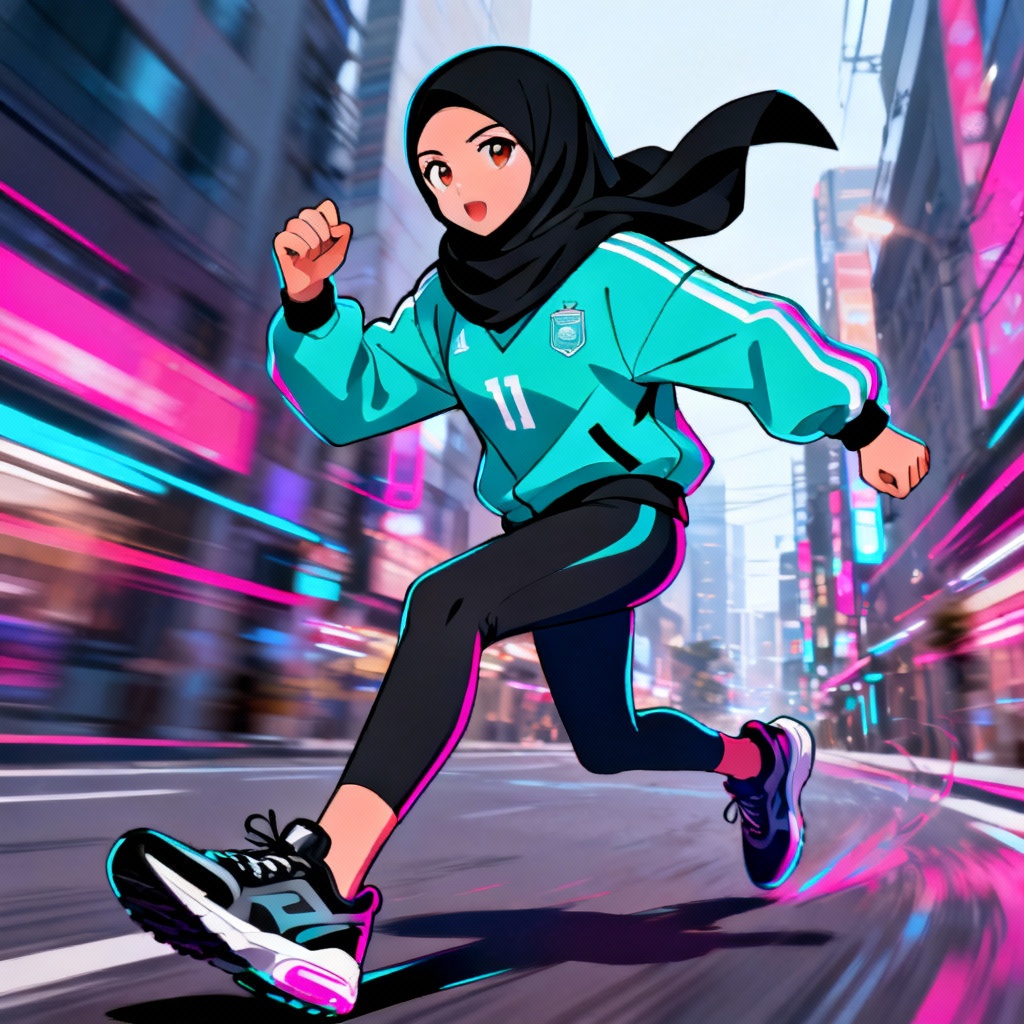 AI anime hijab streetwear character running in city