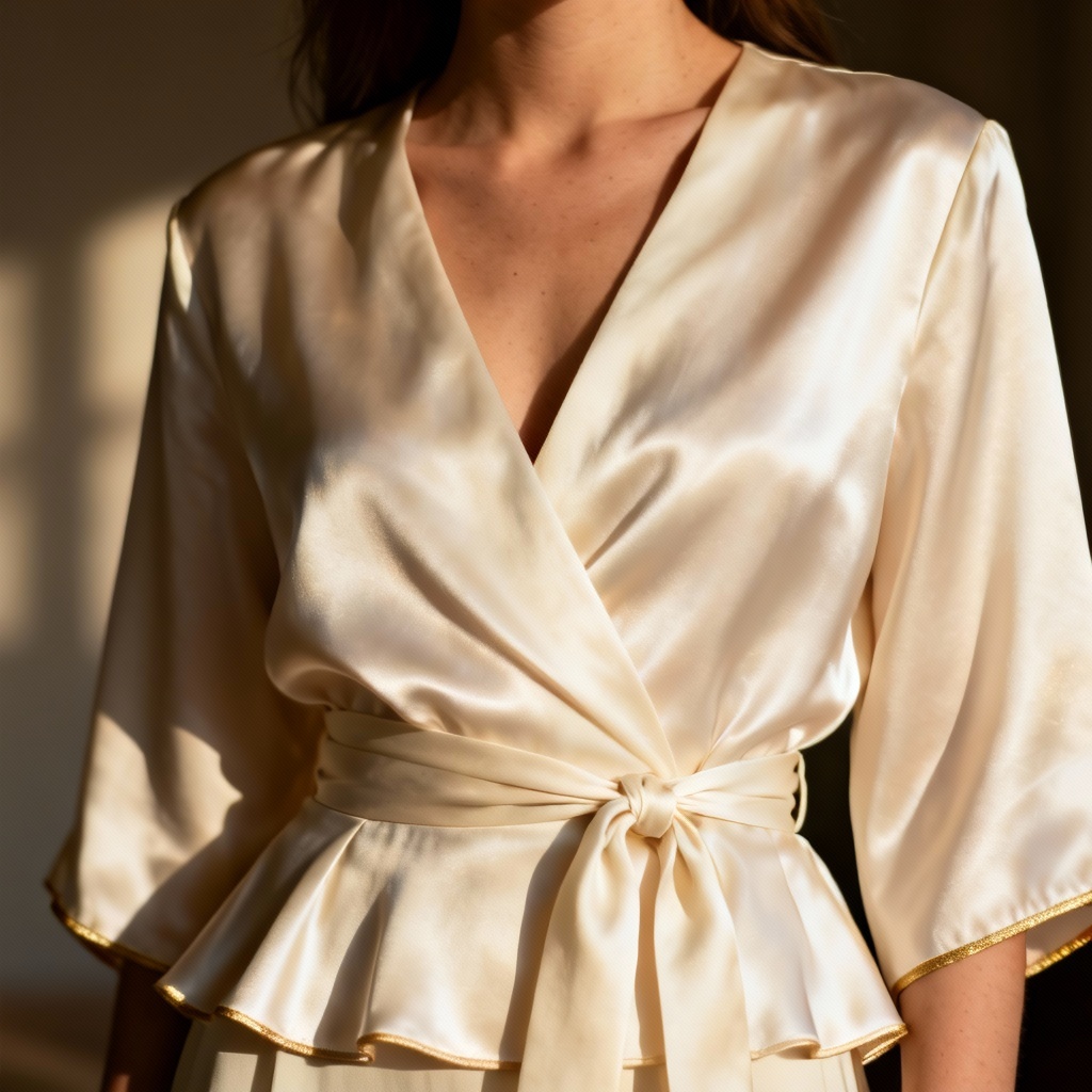 Satin wrap cream blouse with V-neck and waist tie