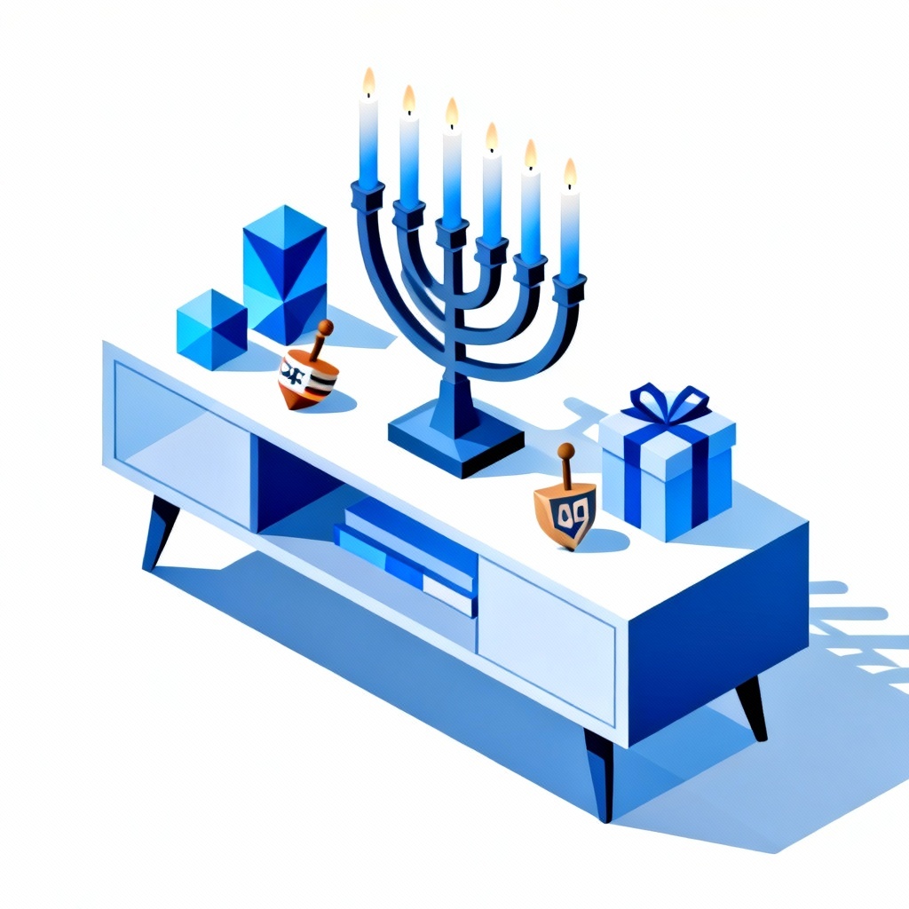 Isometric 3D vector menorah scene with festive gifts and dreidels
