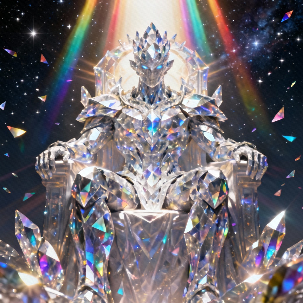 Crystalline alien emperor on a throne of light