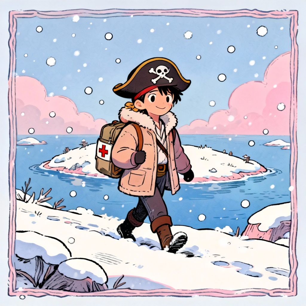 AI One Piece doctor in snowy island scene with medicine pack