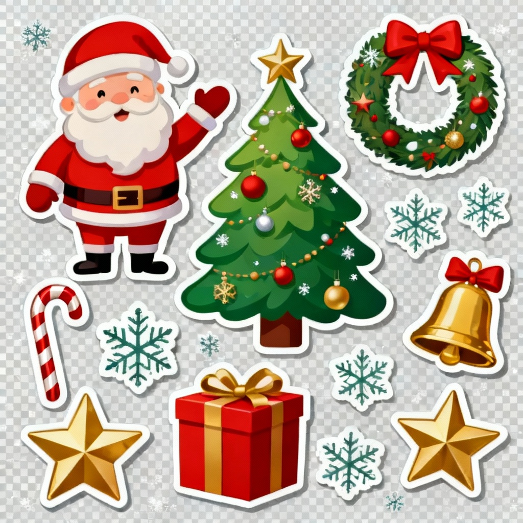 AI Christmas Clip Art Collage with Santa, tree, gifts, wreath, and snowflakes