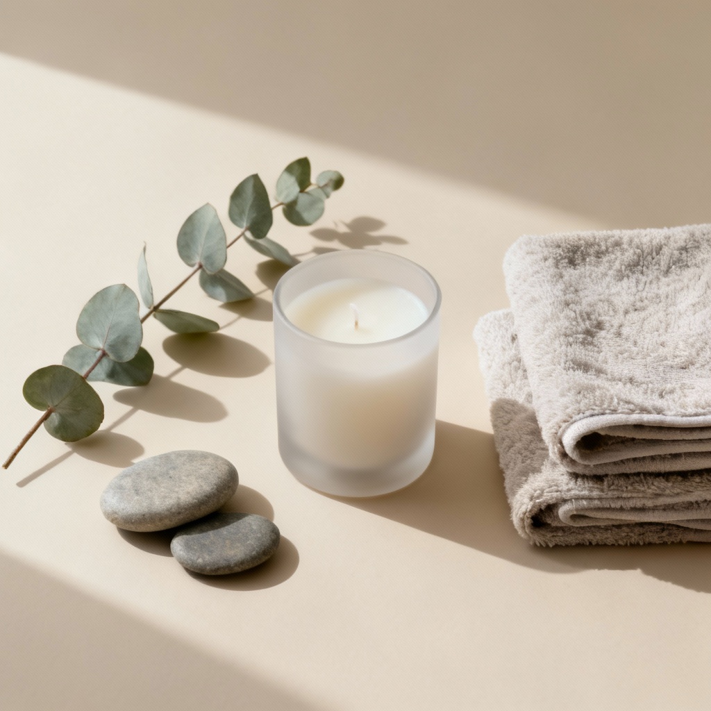 AI spa flatlay with zen stones and eucalyptus