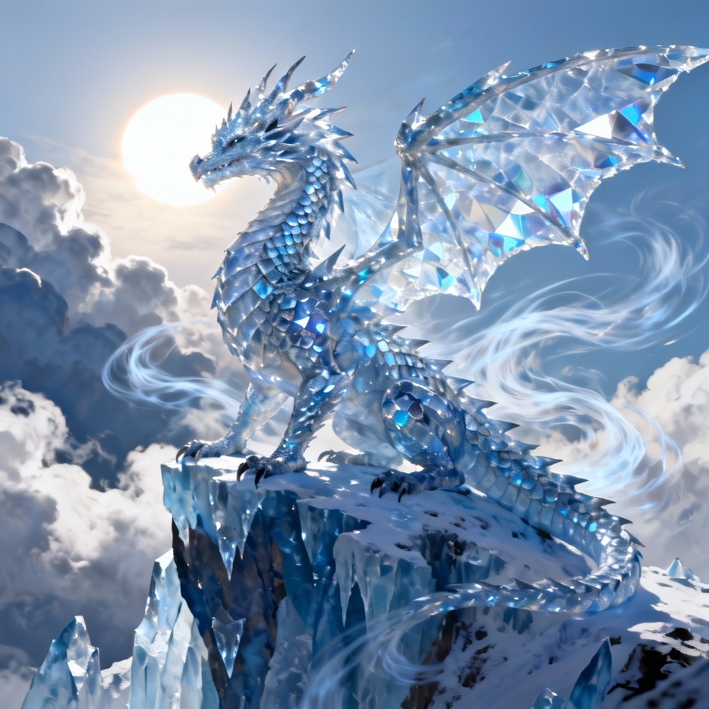 AI frozen-style crystal dragon perched on glacier