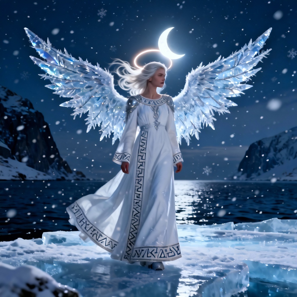 Moonlit Nordic angel over a frozen fjord
