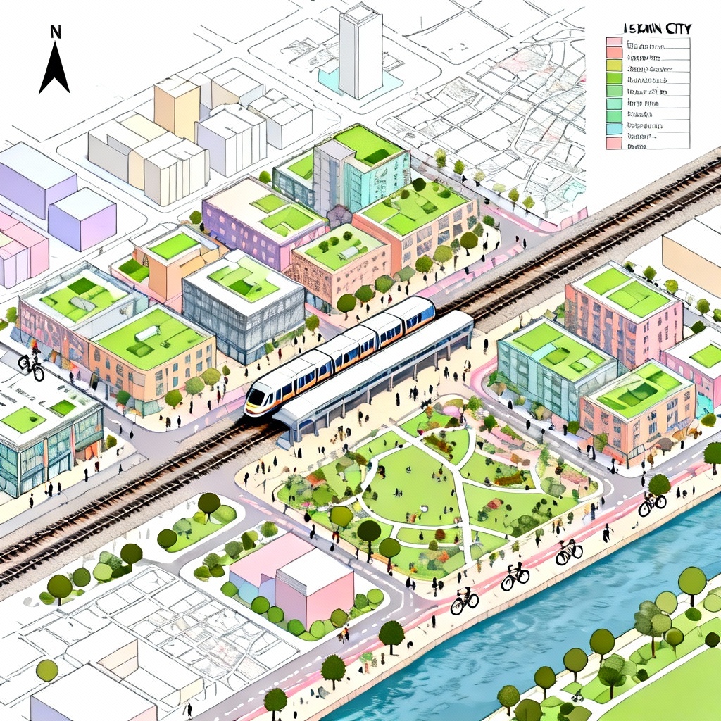 AI-generated transit-oriented masterplan with mixed-use blocks and green corridors