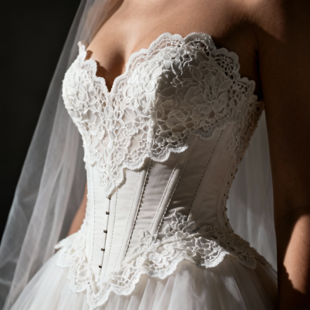 AI bridal lace bodice with chantilly and alencon applique on mannequin