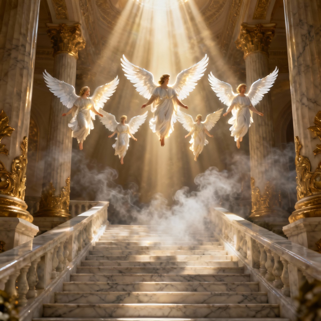 AI divine seraphim above marble stairway in cathedral light
