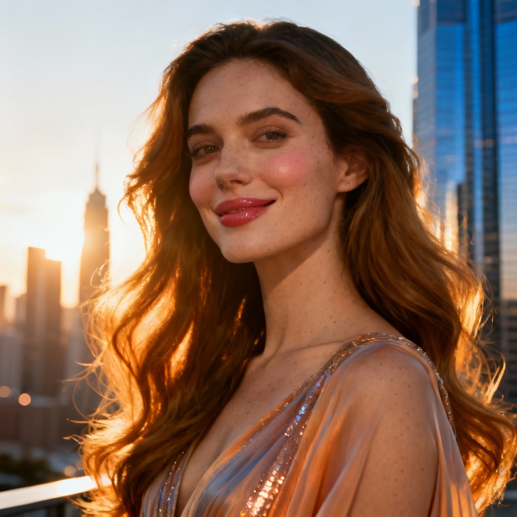 AI giantess portrait beside city skyline at sunset