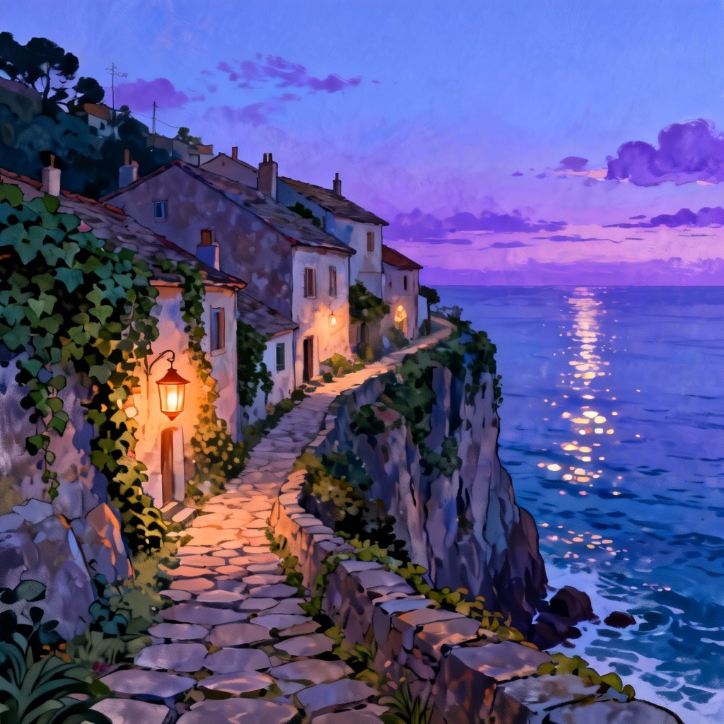 Lantern-lit seaside cliff village at dusk with hand-painted textures