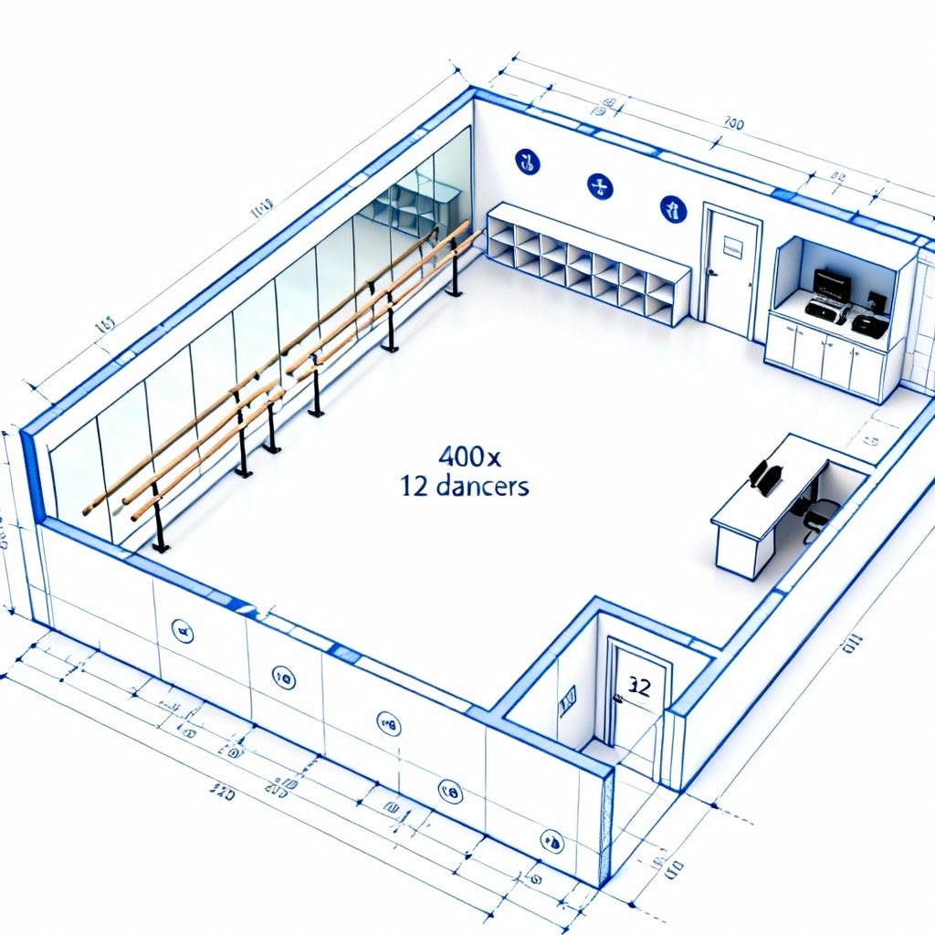 AI top-down blueprint of compact ballet studio floor plan