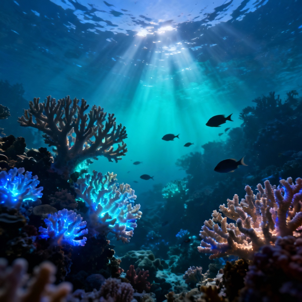 AI coral reef scene with glowing bioluminescent corals and sun rays