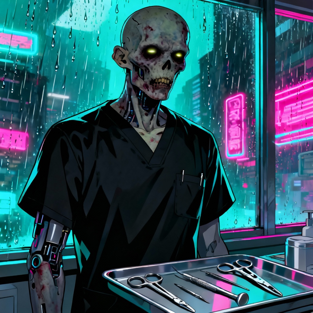 Cyberpunk zombie surgeon with neon lighting and clean tools