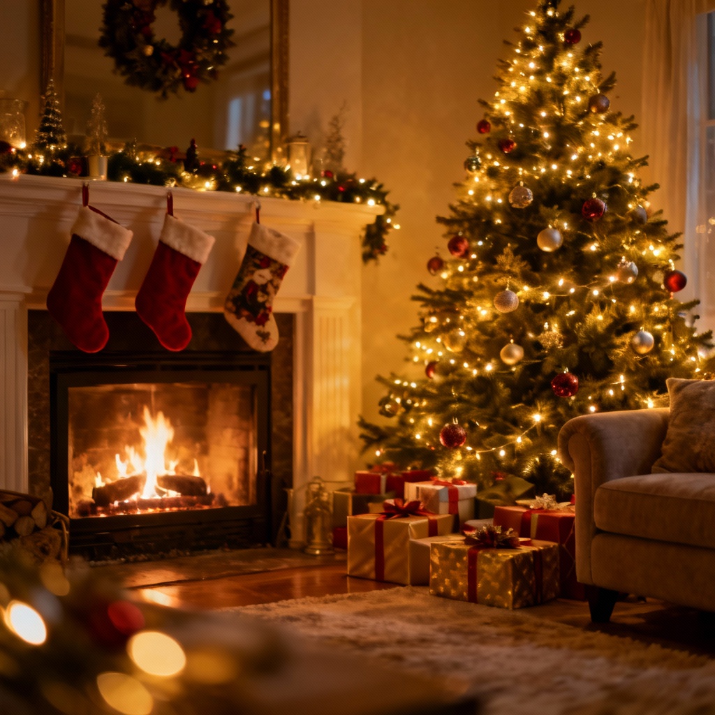 Cozy fireplace living room Christmas scene with decorated tree and stockings