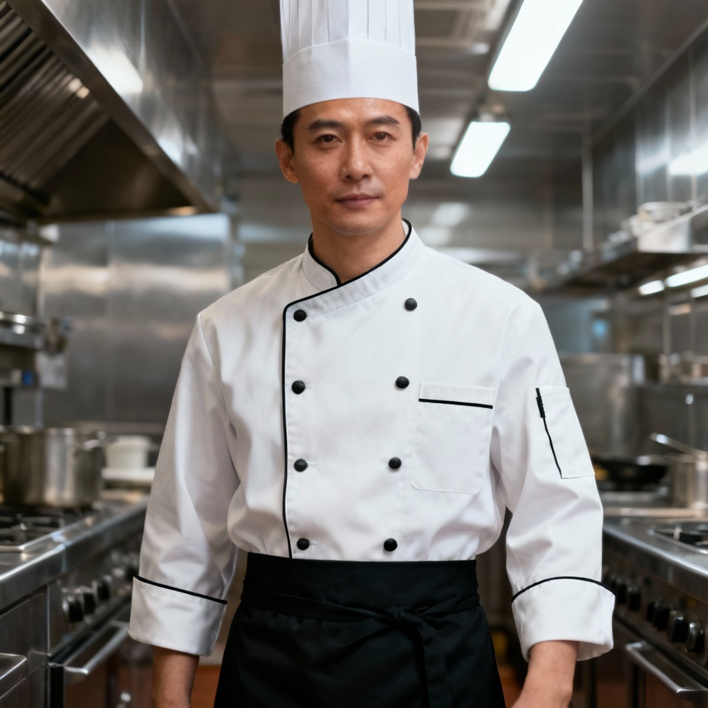 AI chef uniform with double-breasted jacket and toque