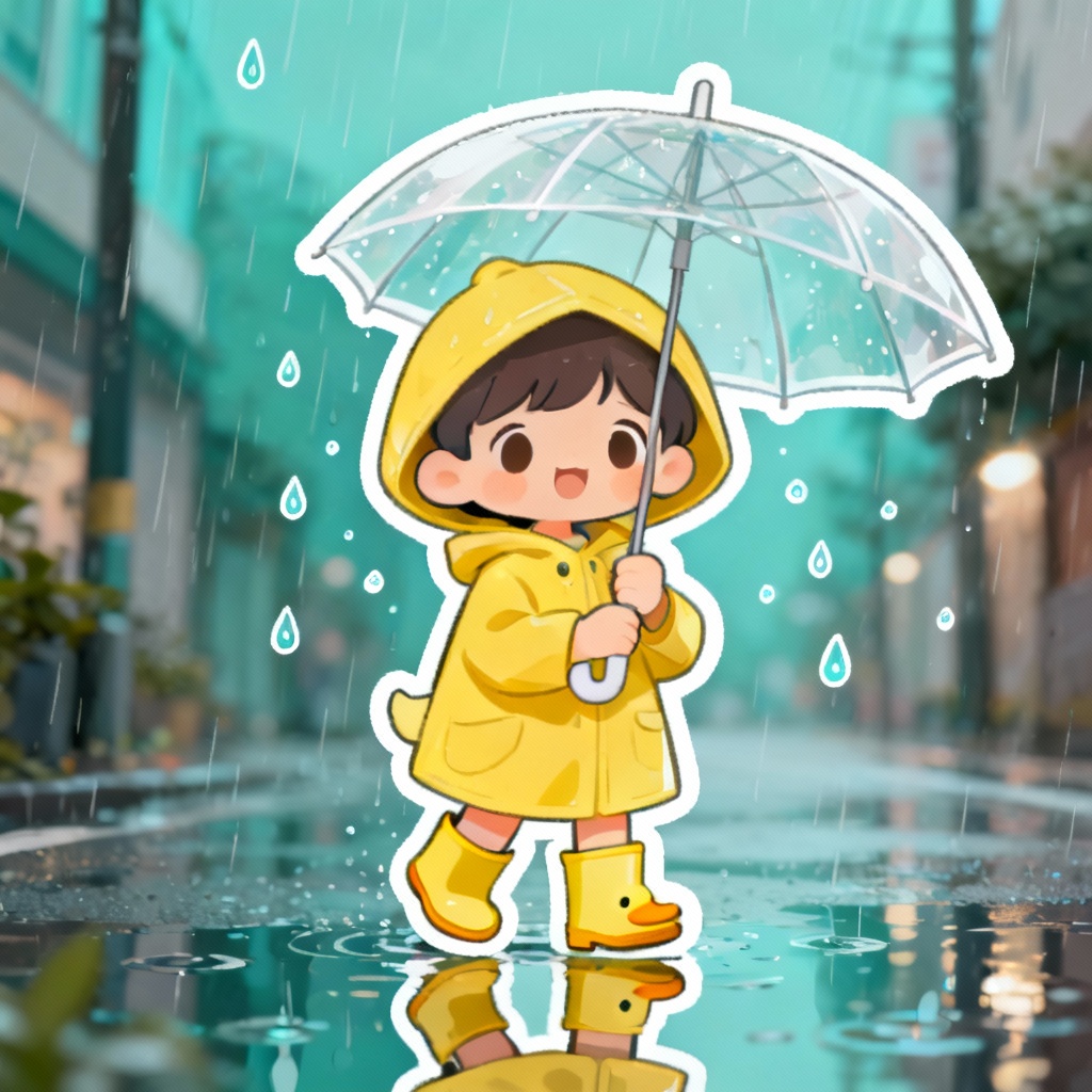 AI chibi in yellow raincoat holding umbrella
