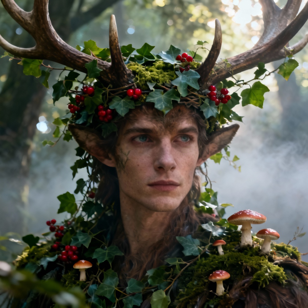 AI fantasy antler floral headdress in a forest