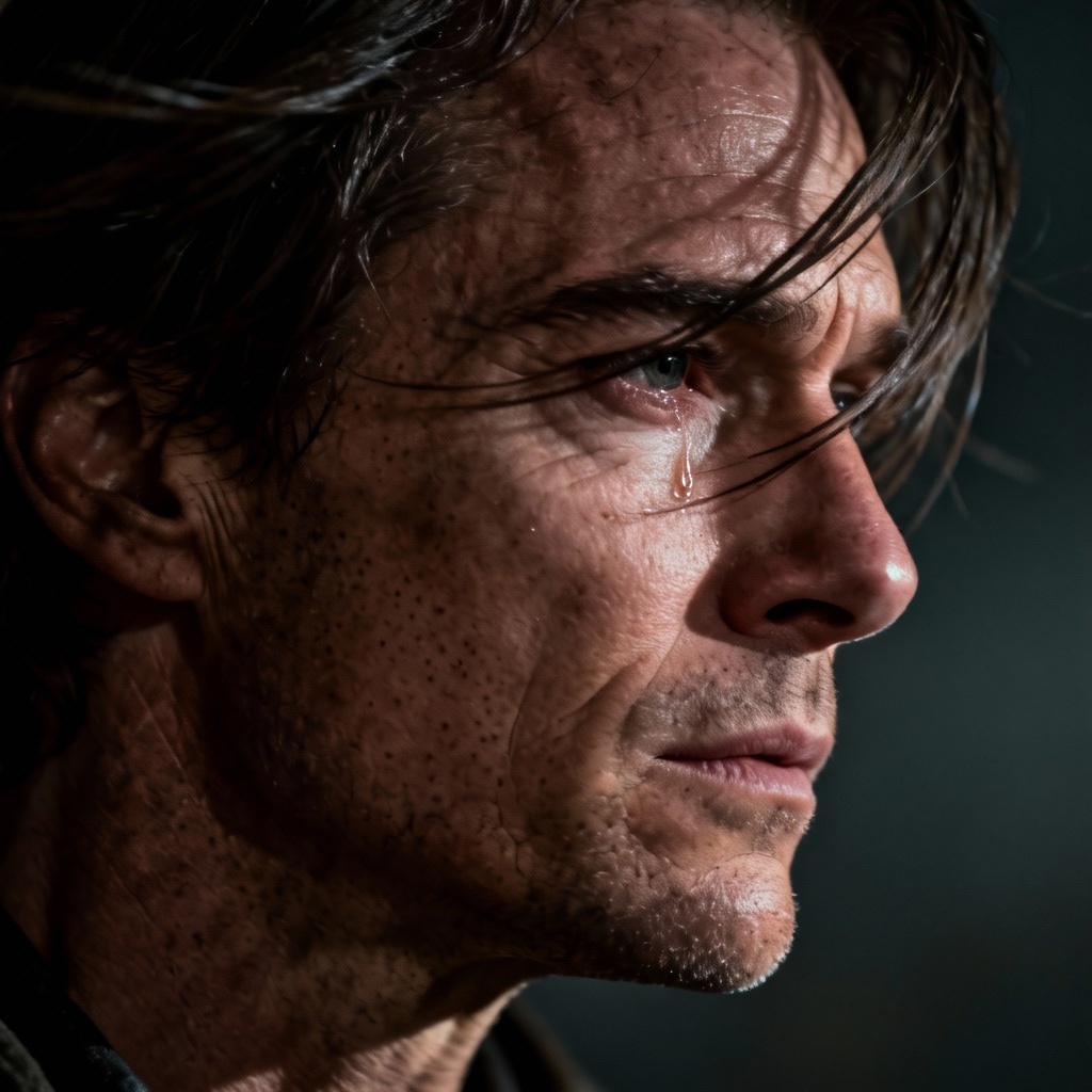 AI stoic hero portrait with a single tear