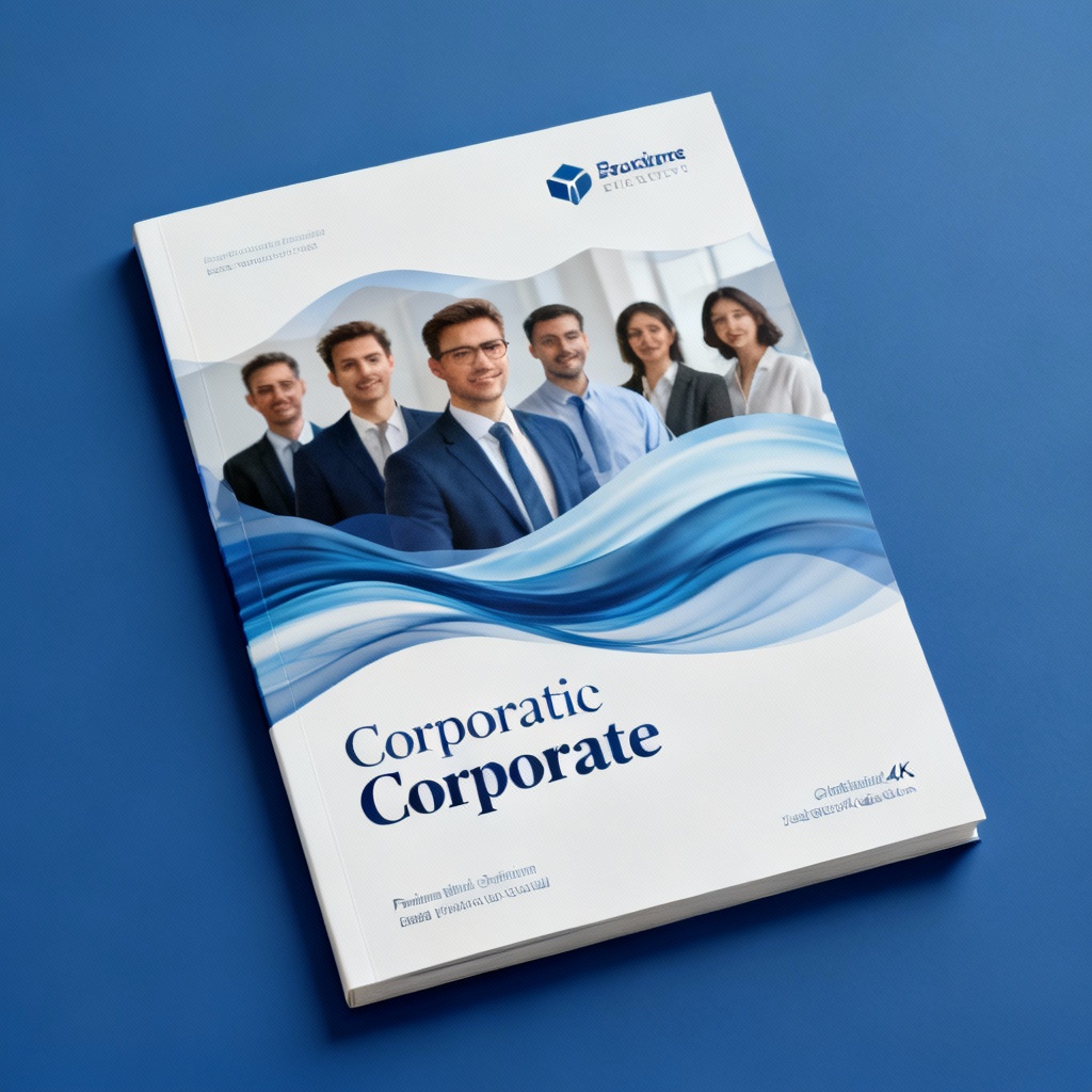 AI corporate brochure cover with abstract waves and brand palette
