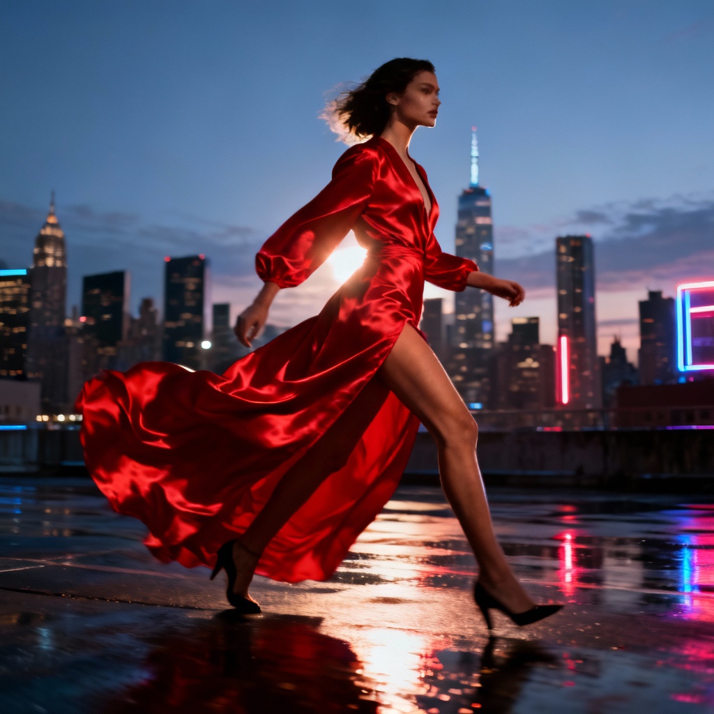 AI red silk flowing dress with city backdrop