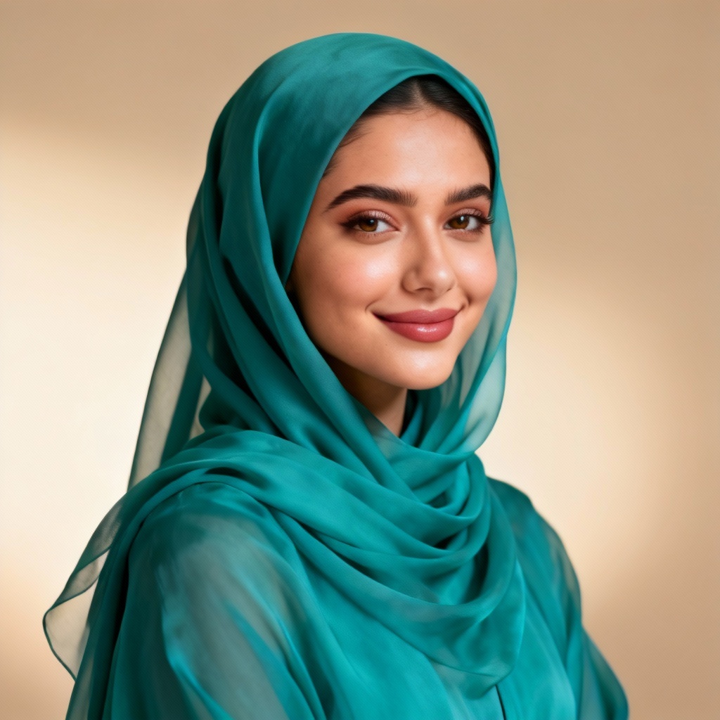 AI portrait of a smiling woman wearing a teal chiffon hijab, soft studio lighting