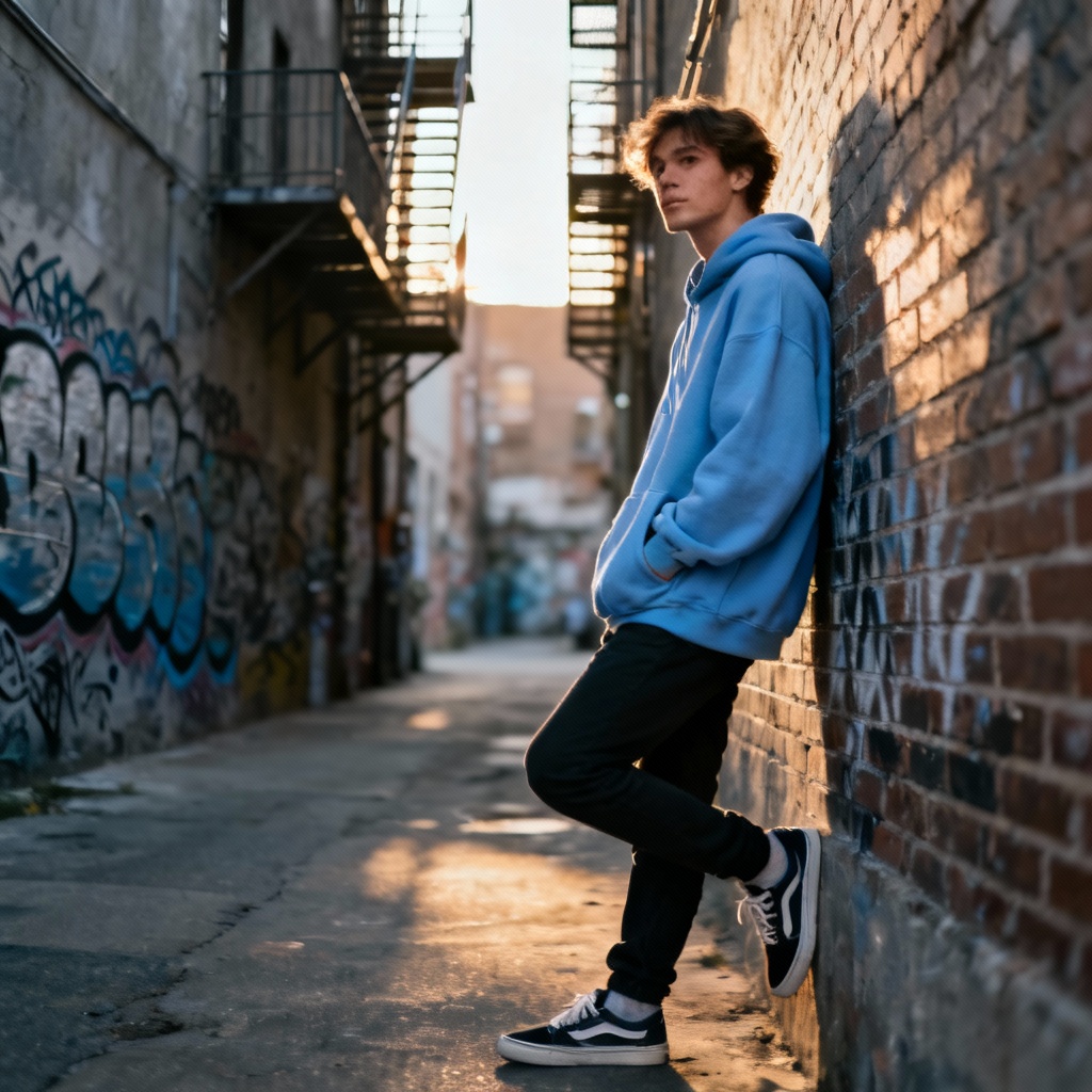 AI sky blue streetwear hoodie on model outdoors