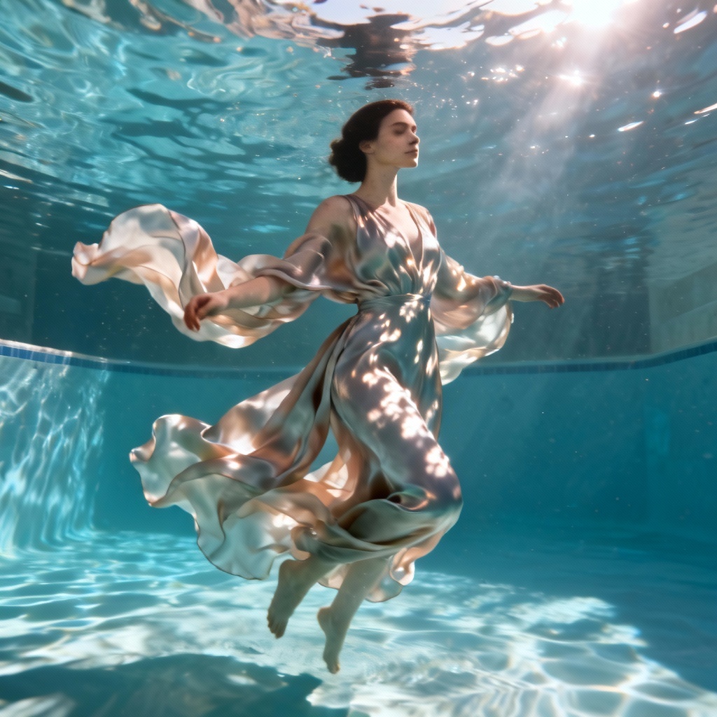 AI underwater wet dress art with flowing silk