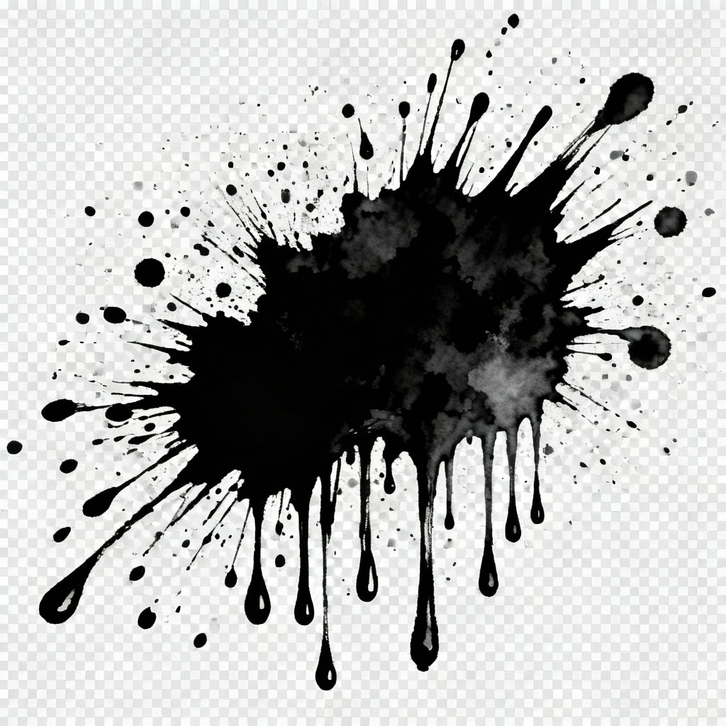 AI black ink splatter grunge overlay on transparent background