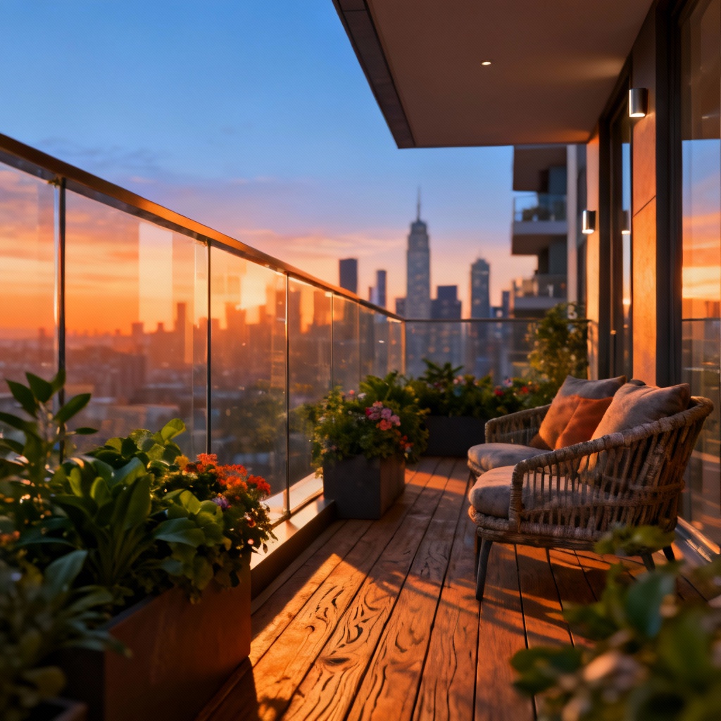 Photorealistic modern glass balcony at sunset