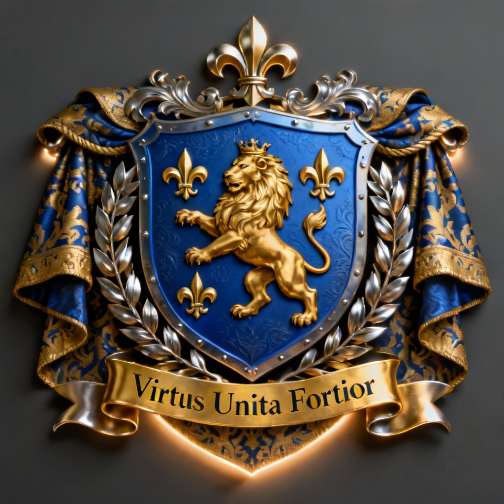 AI Family Crest with Lion, Fleur-de-lis, and Motto Banner