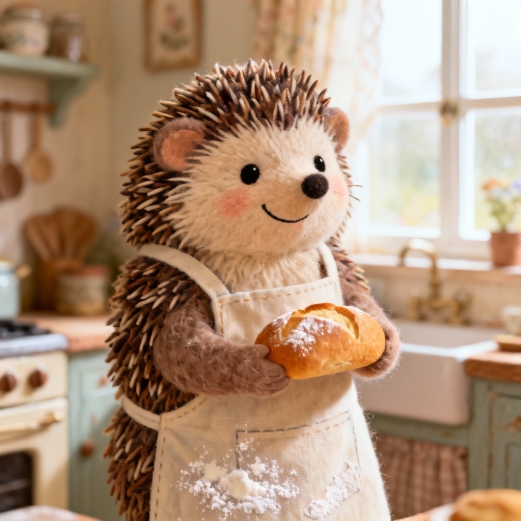 AI sylvanian pet hedgehog baker in rustic kitchen