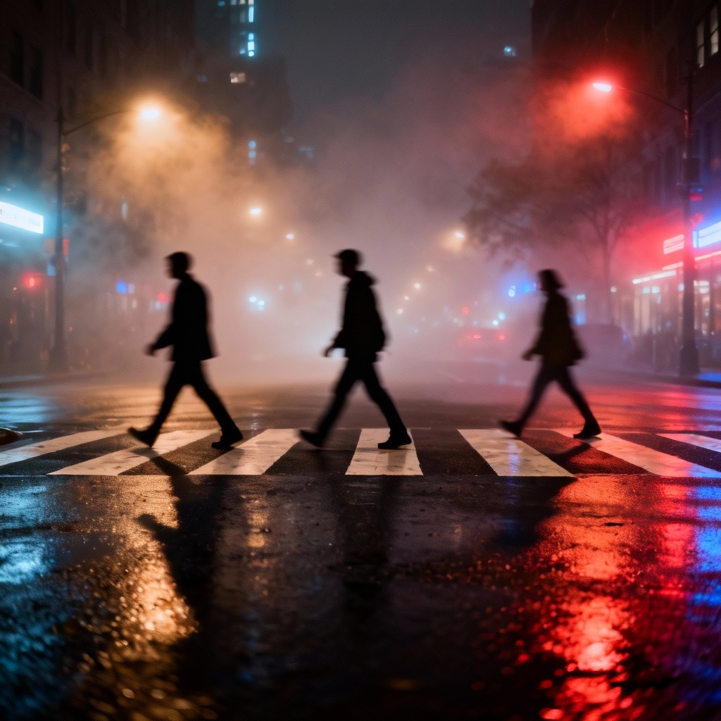 AI street photo of neon-lit crosswalk in the rain