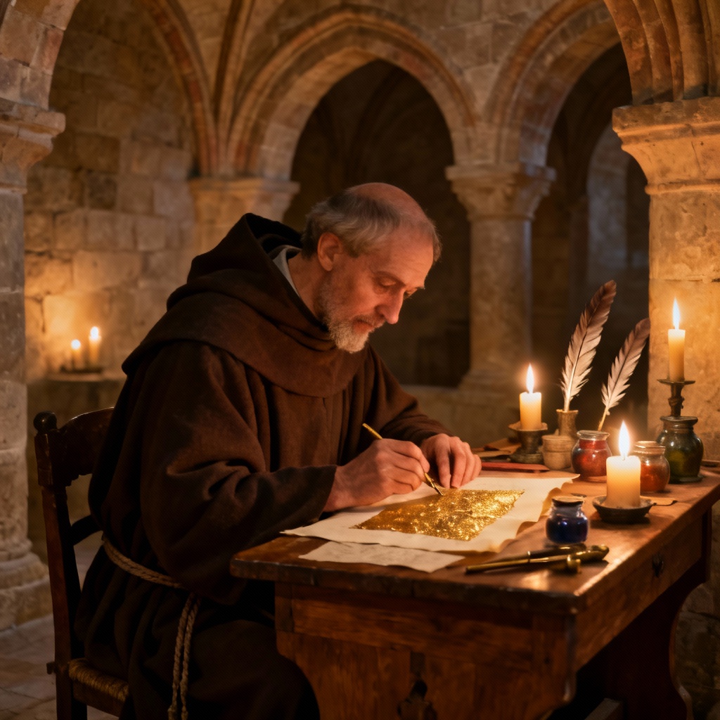 AI monastic scriptorium with illuminated manuscript