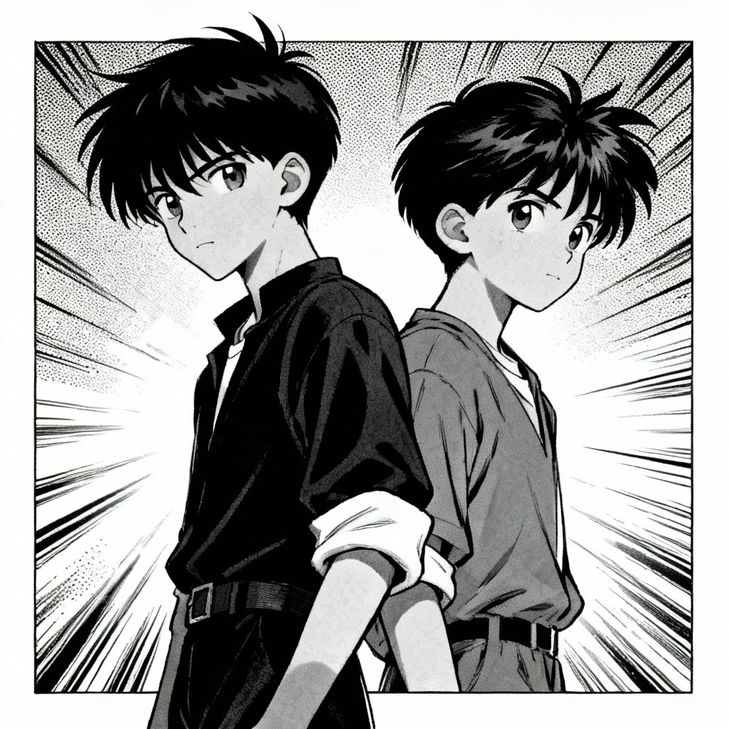 AI manga hero duo black and white panel with speed lines