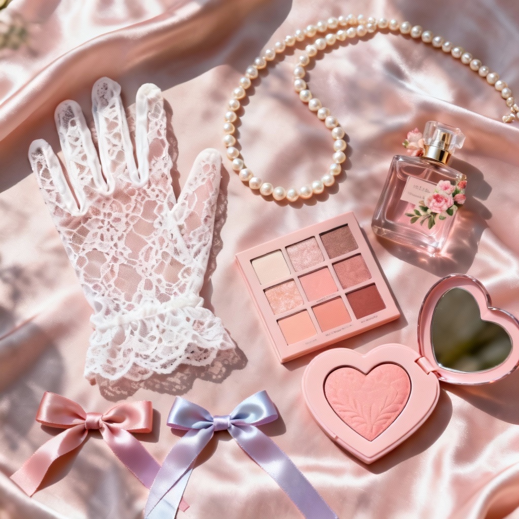 Dollette flatlay with lace gloves, pearls, and ribbon bows