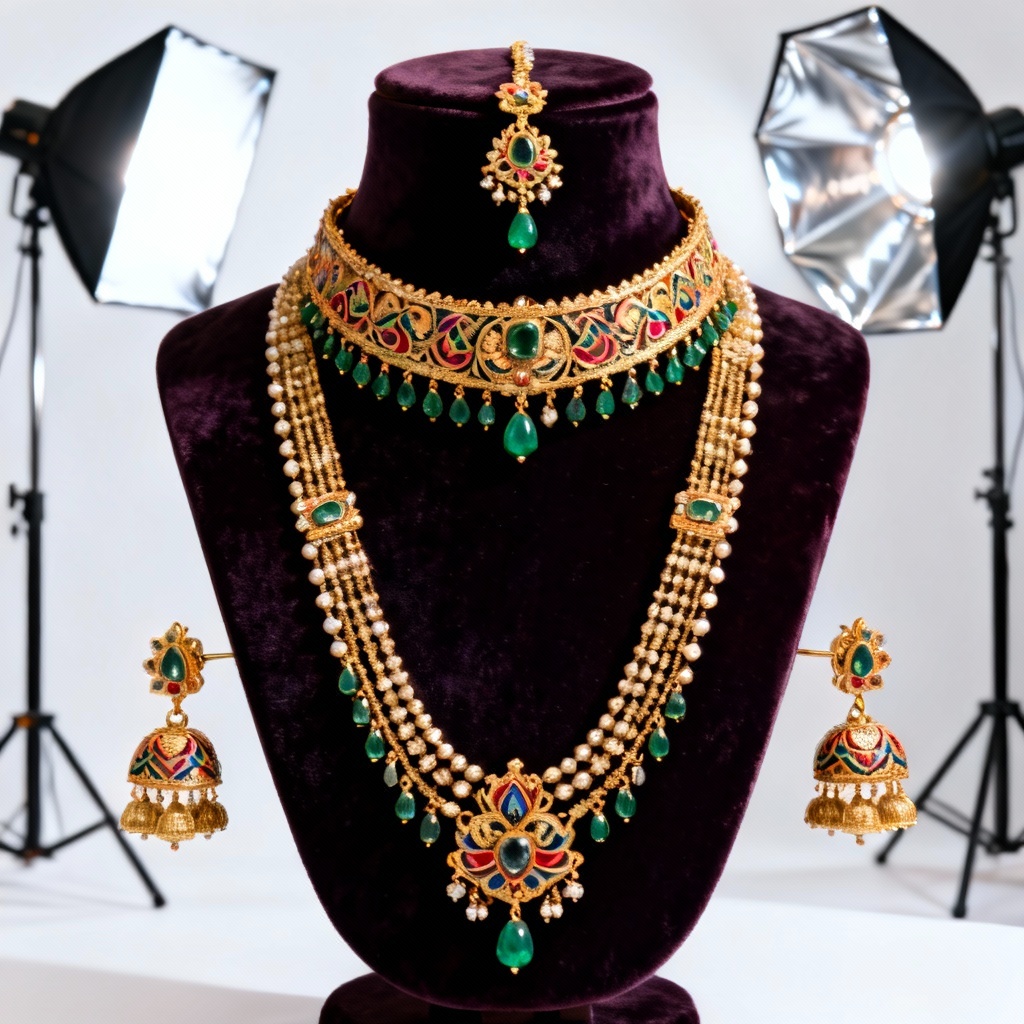AI Indian bridal Kundan jewelry set with emeralds