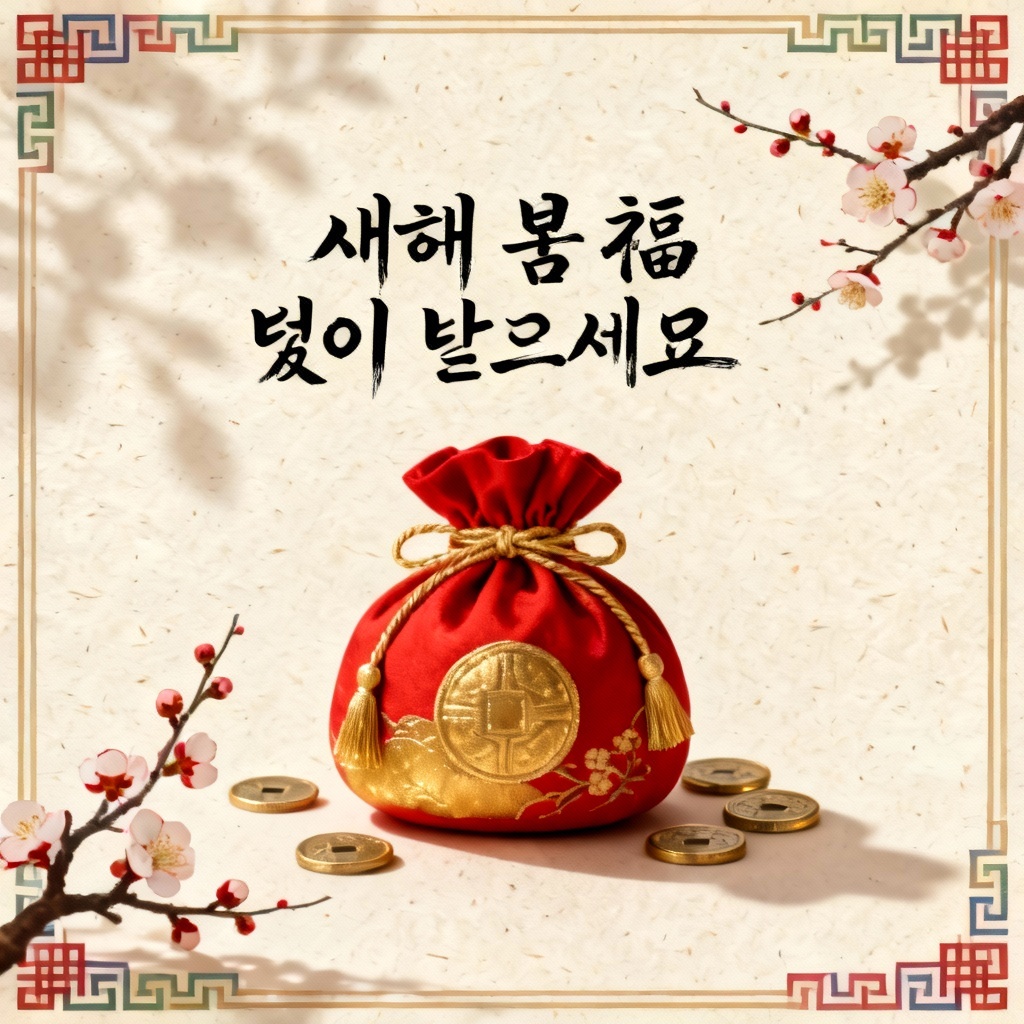 Seollal card with red lucky pouch and gold accents