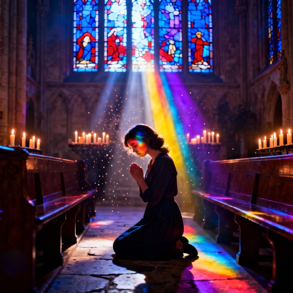 AI cathedral prayer scene with stained glass and candles