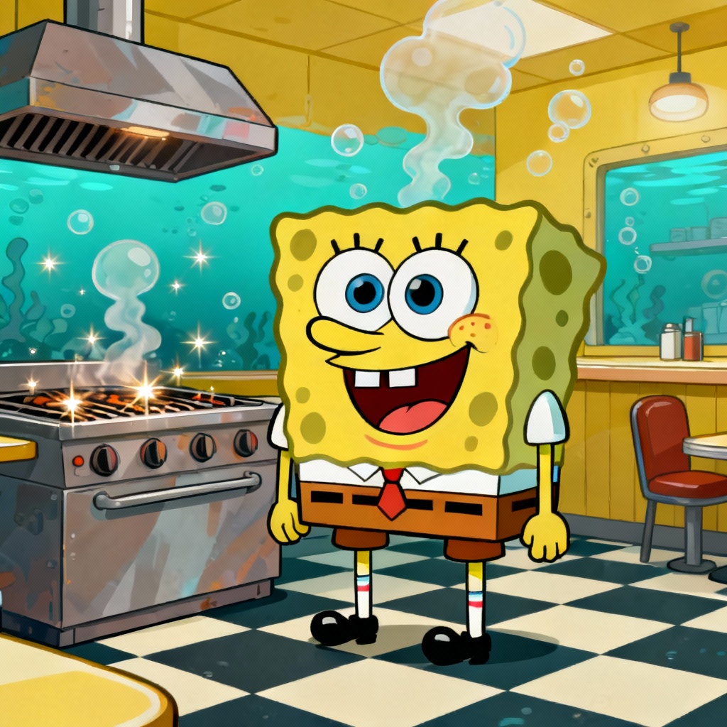 AI SpongeBob-style diner avatar with bold outlines
