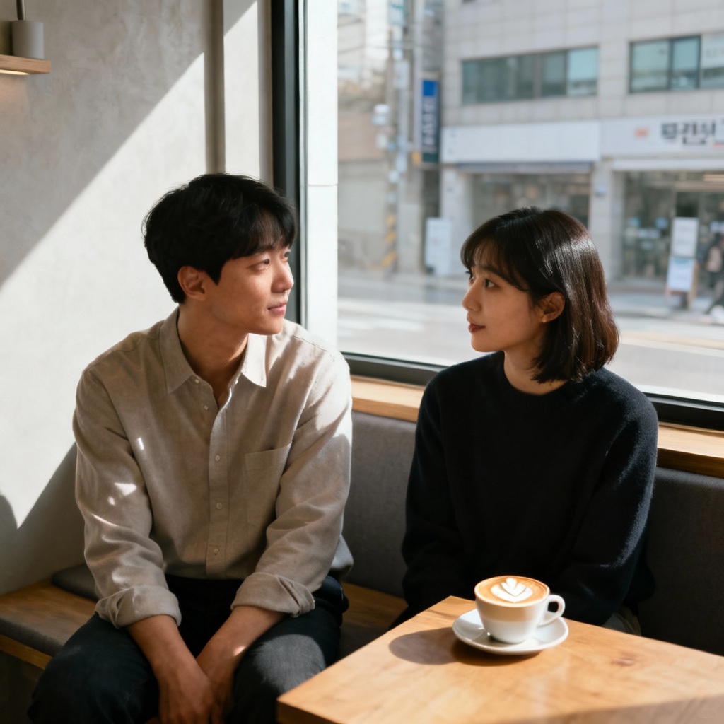 AI Korean couple on a cafe date by the window