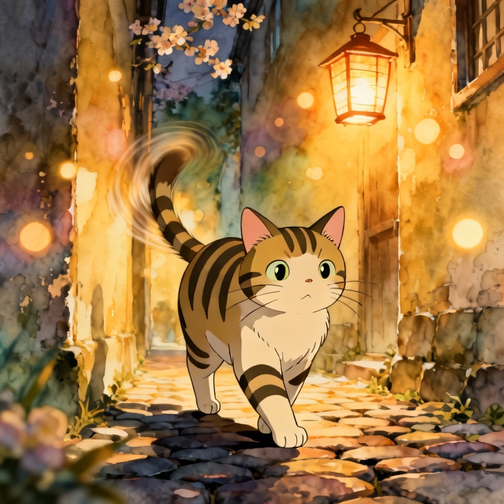 AI Ghibli tabby cat in a lantern-lit alley