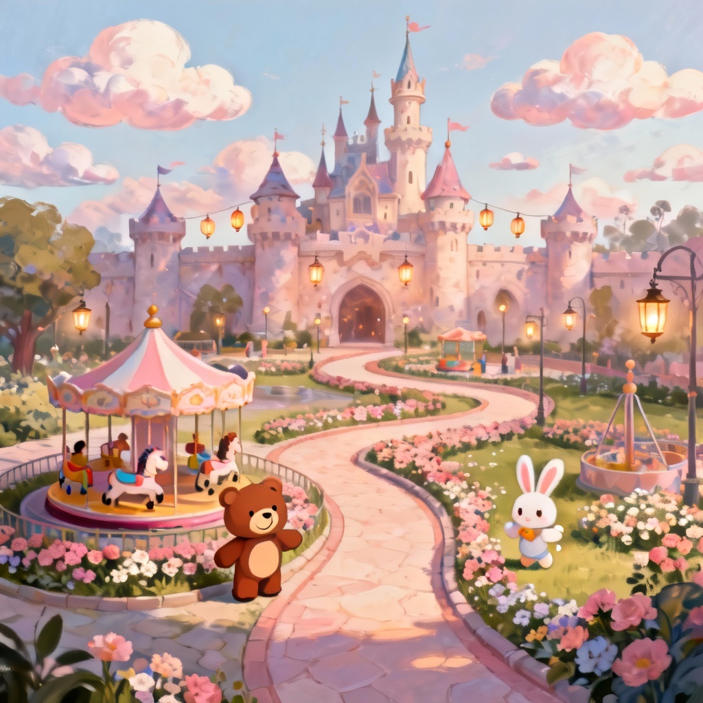 AI whimsical fantasy theme park castle with kid-friendly rides